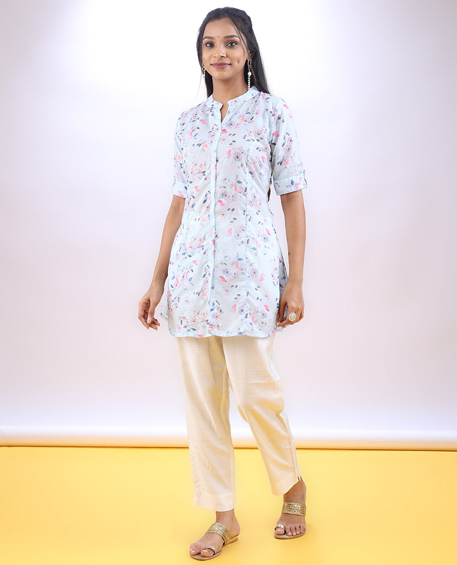 Pastel blue floral creeper printed chinese collar & 3/4th sleeve above-knee a-line top