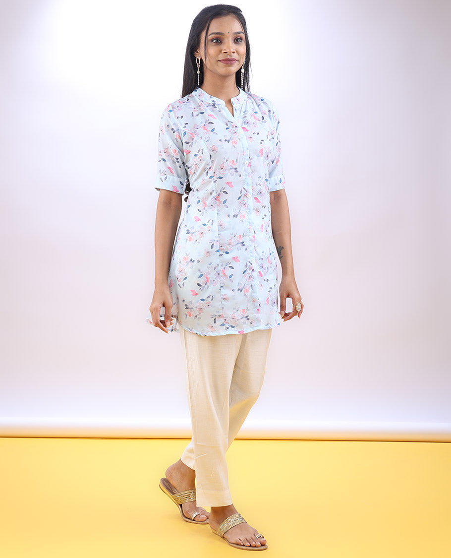 Pastel blue floral creeper printed chinese collar & 3/4th sleeve above-knee a-line top