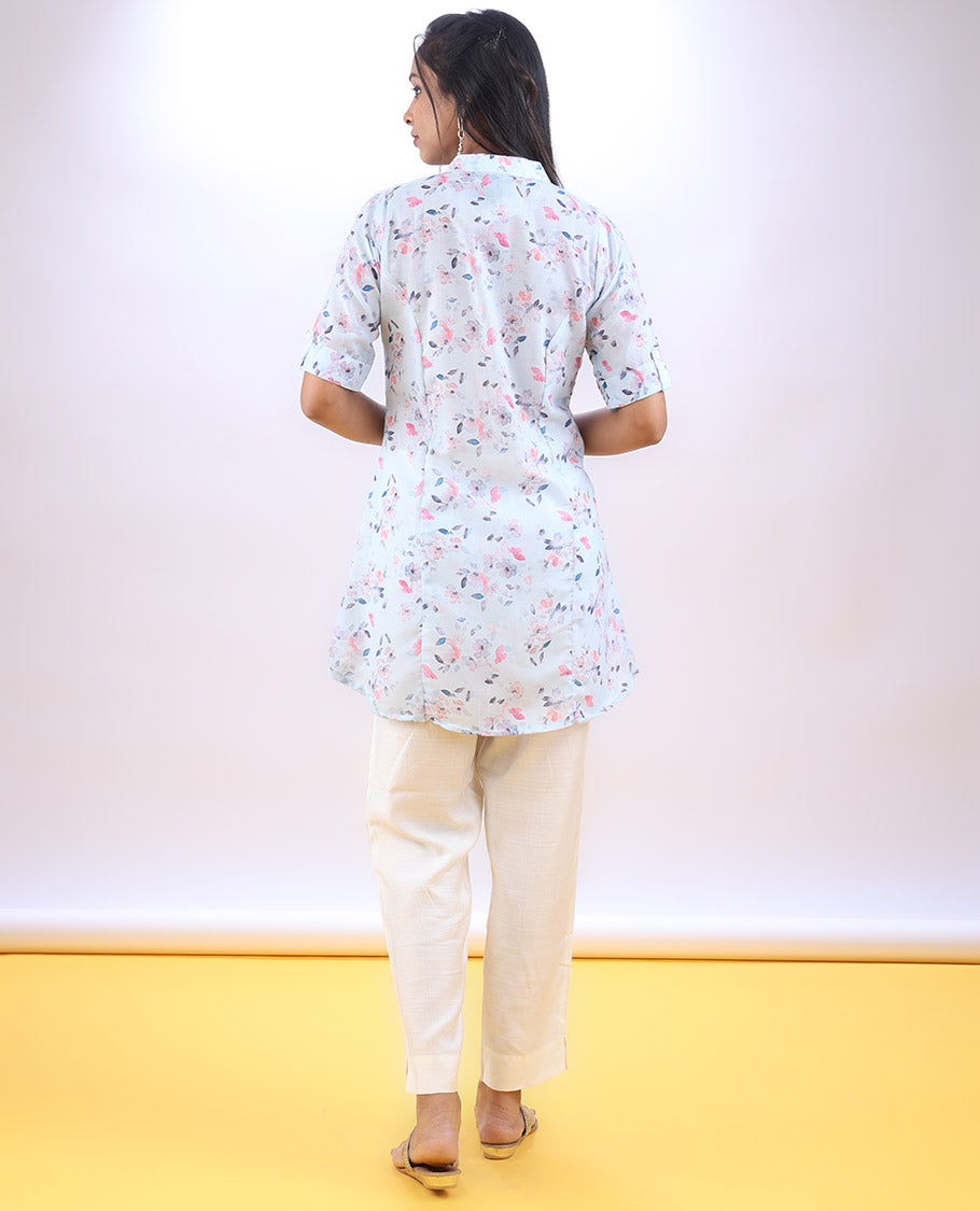 Pastel blue floral creeper printed chinese collar & 3/4th sleeve above-knee a-line top