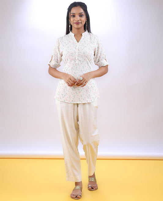 Cream floral printed Chinese collar & elbow sleeve a-line top
