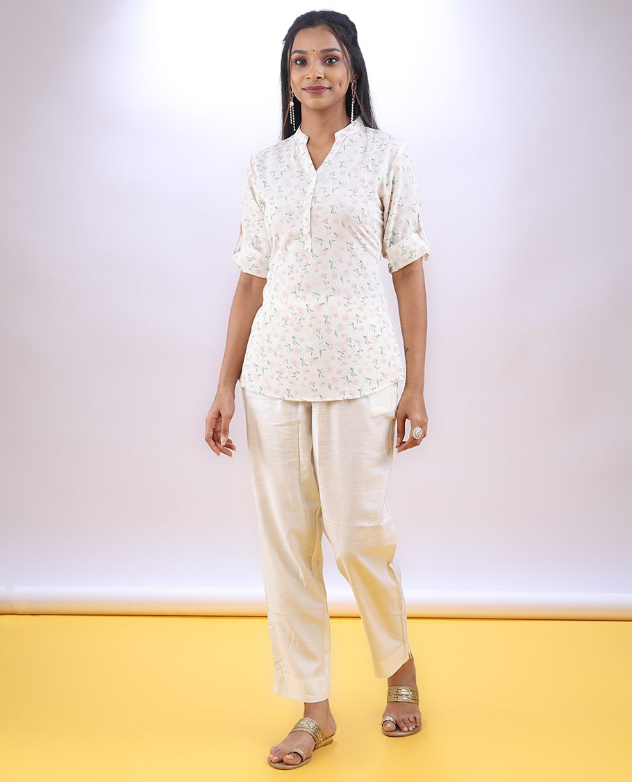 Cream floral printed Chinese collar & elbow sleeve a-line top