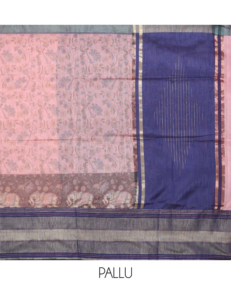Pink floral designs & elephants printed Semi banaras dupion saree, contrast striped border & pallu of stripe designs