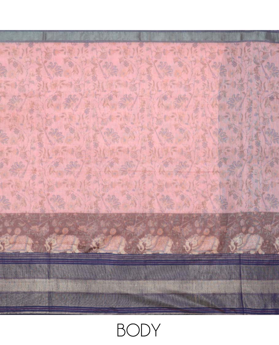 Pink floral designs & elephants printed Semi banaras dupion saree, contrast striped border & pallu of stripe designs