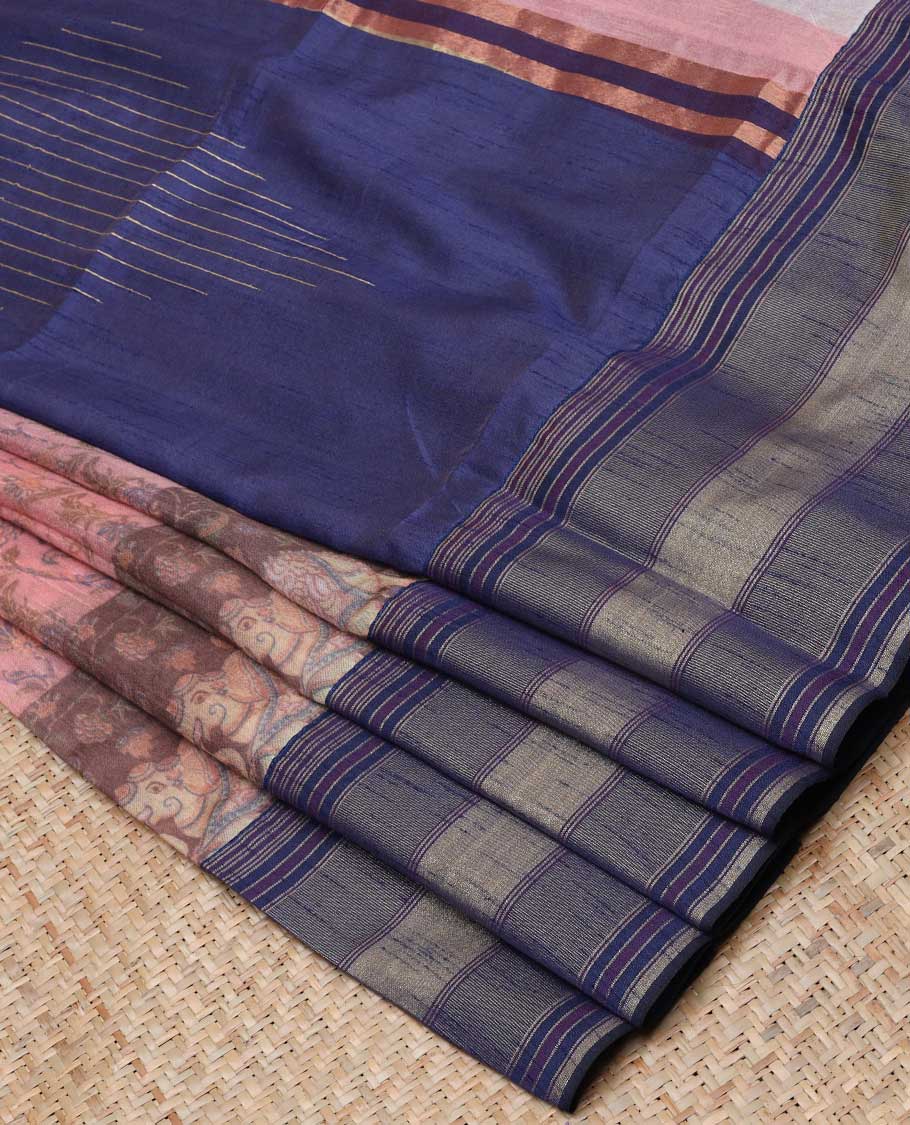 Pink floral designs & elephants printed Semi banaras dupion saree, contrast striped border & pallu of stripe designs
