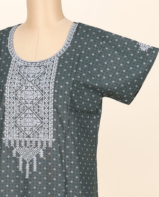 Green geometric patterns printed & neck patchwork round neck cotton half-sleeve nighty