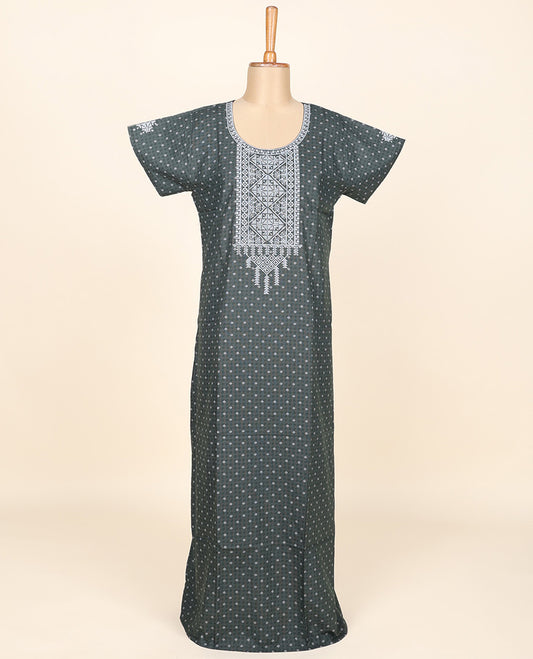 Green geometric patterns printed & neck patchwork round neck cotton half-sleeve nighty