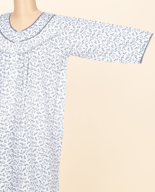 White floral motifs micro-printed round neck cotton 3/4th sleeve button-type nighty