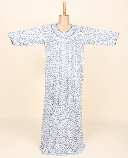 White floral motifs micro-printed round neck cotton 3/4th sleeve button-type nighty