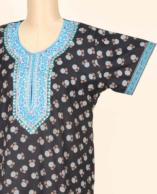 Black unique motifs printed & thread embroidered round neck cotton half-sleeve nighty