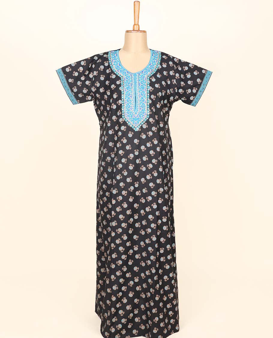Black unique motifs printed & thread embroidered round neck cotton half-sleeve nighty