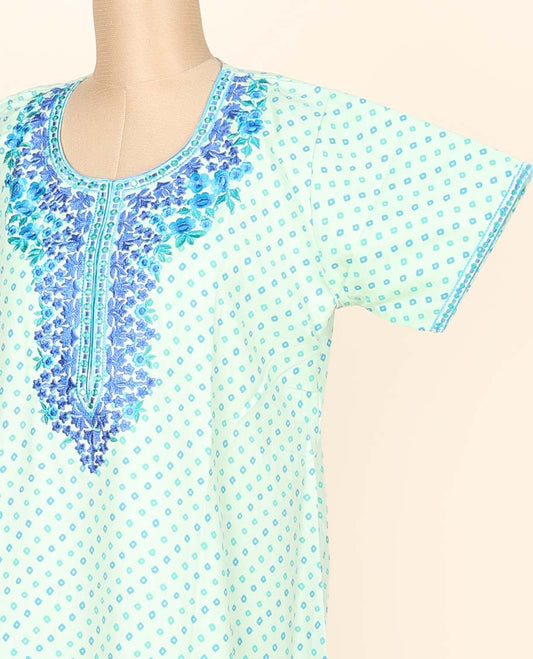 Mint green bandhani motifs printed & floral thread embroidery round neck cotton half-sleeve nighty