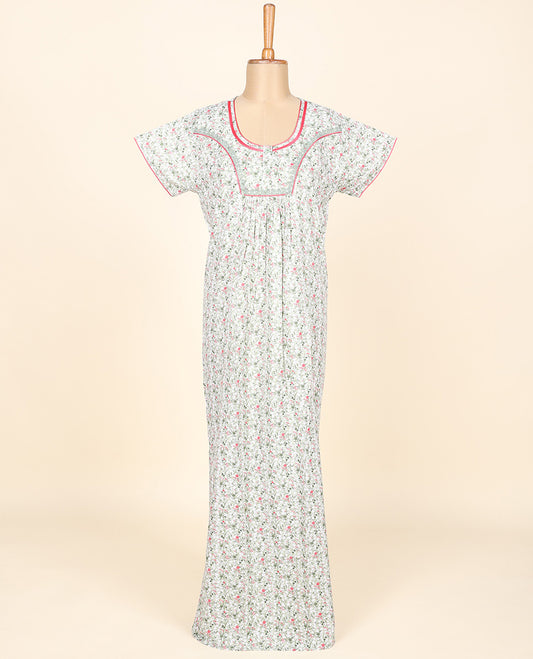 Pastel green micro-floral motifs printed & embroidered round neck cotton half-sleeve button-type nighty