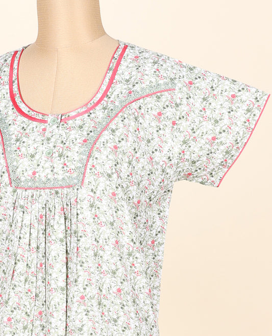 Pastel green micro-floral motifs printed & embroidered round neck cotton half-sleeve button-type nighty