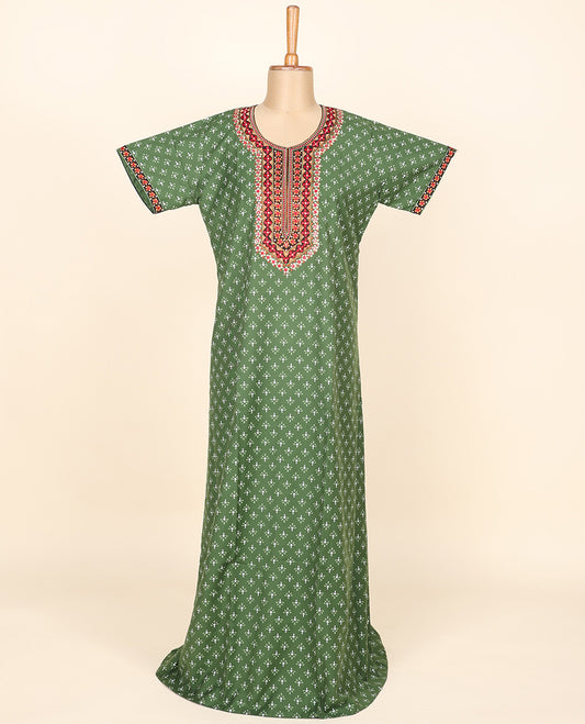 Green unique motifs printed & neck thread embroidery round neck cotton half-sleeve nighty