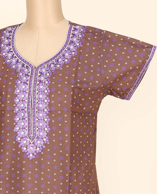 Brown floral motifs micro-printed & thread neck embroidered cotton half-sleeve nighty