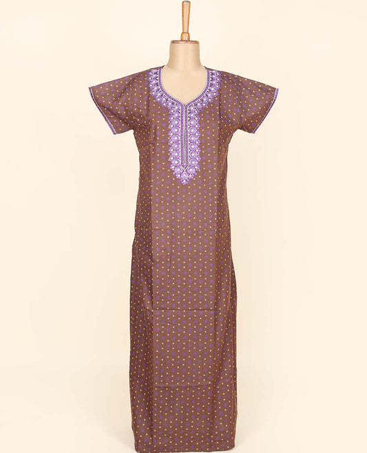 Brown floral motifs micro-printed & thread neck embroidered cotton half-sleeve nighty