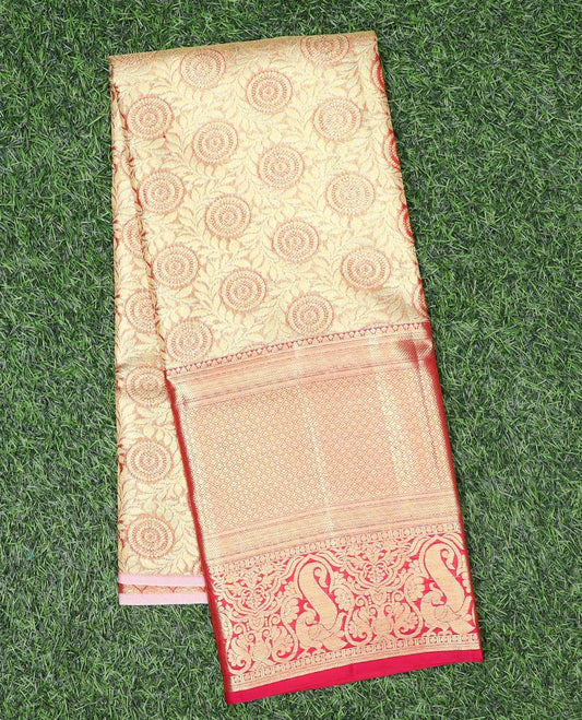 Gold leaf vine jacquard design navarathna pavadai, contrast zari border & blouse of paisa,banaras,kathir & mayil