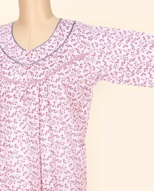 Pastel pink floral motifs micro-printed & lace work leaf-neck cotton 3/4th sleeve nighty
