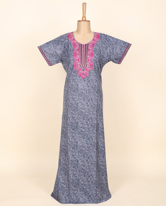 Grey vine design printed & neck thread embroidered leaf-neck cotton half-sleeve nighty