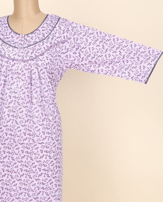 Lavender floral printed & lace work round neck cotton half-sleeve button-type nighty