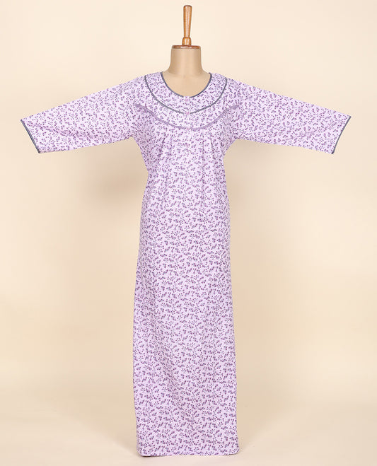 Lavender floral printed & lace work round neck cotton half-sleeve button-type nighty