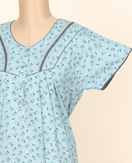 Blue tiny floral motifs printed & lace work round neck cotton half-sleeve button-type nighty