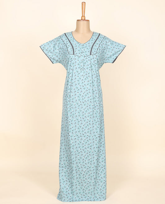 Blue tiny floral motifs printed & lace work round neck cotton half-sleeve button-type nighty