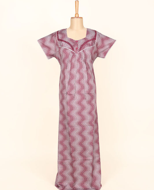 Multi-color geometric patterns printed & lace work cotton half-sleeve button-type nighty