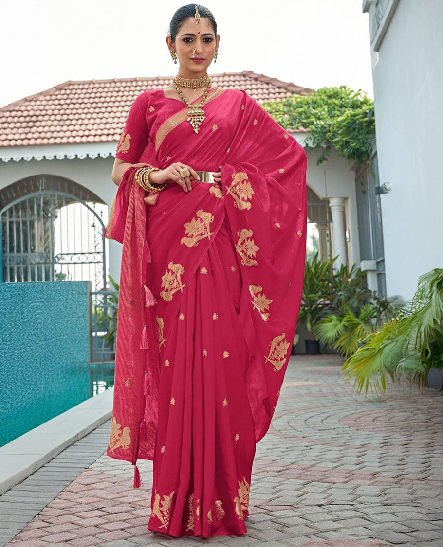 Light Red Designer Saree, Artfully Detailed with Zari Buttas, Featuring a Self-Border Depicting Parrot Motifs, Subtly Woven Pallu of Spare Stripes, and Paired with a Matching Blouse of Parrot Motifs
