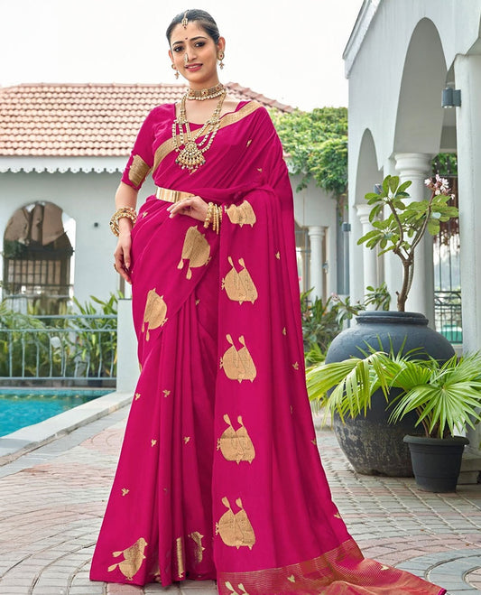 Rani Pink Designer Saree, Finely Detailed with Zari Buttas, Featuring a Self-Border Depicting Sparrow Motifs, Subtly Woven Pallu of Spare Stripes, and Paired with a Matching Blouse of Sparrow Motifs
