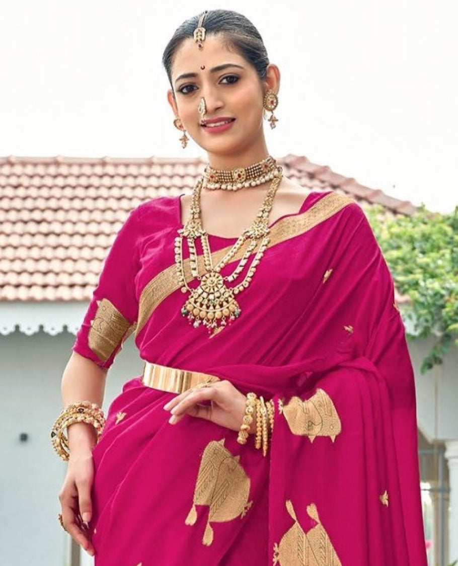 Rani Pink Designer Saree, Finely Detailed with Zari Buttas, Featuring a Self-Border Depicting Sparrow Motifs, Subtly Woven Pallu of Spare Stripes, and Paired with a Matching Blouse of Sparrow Motifs