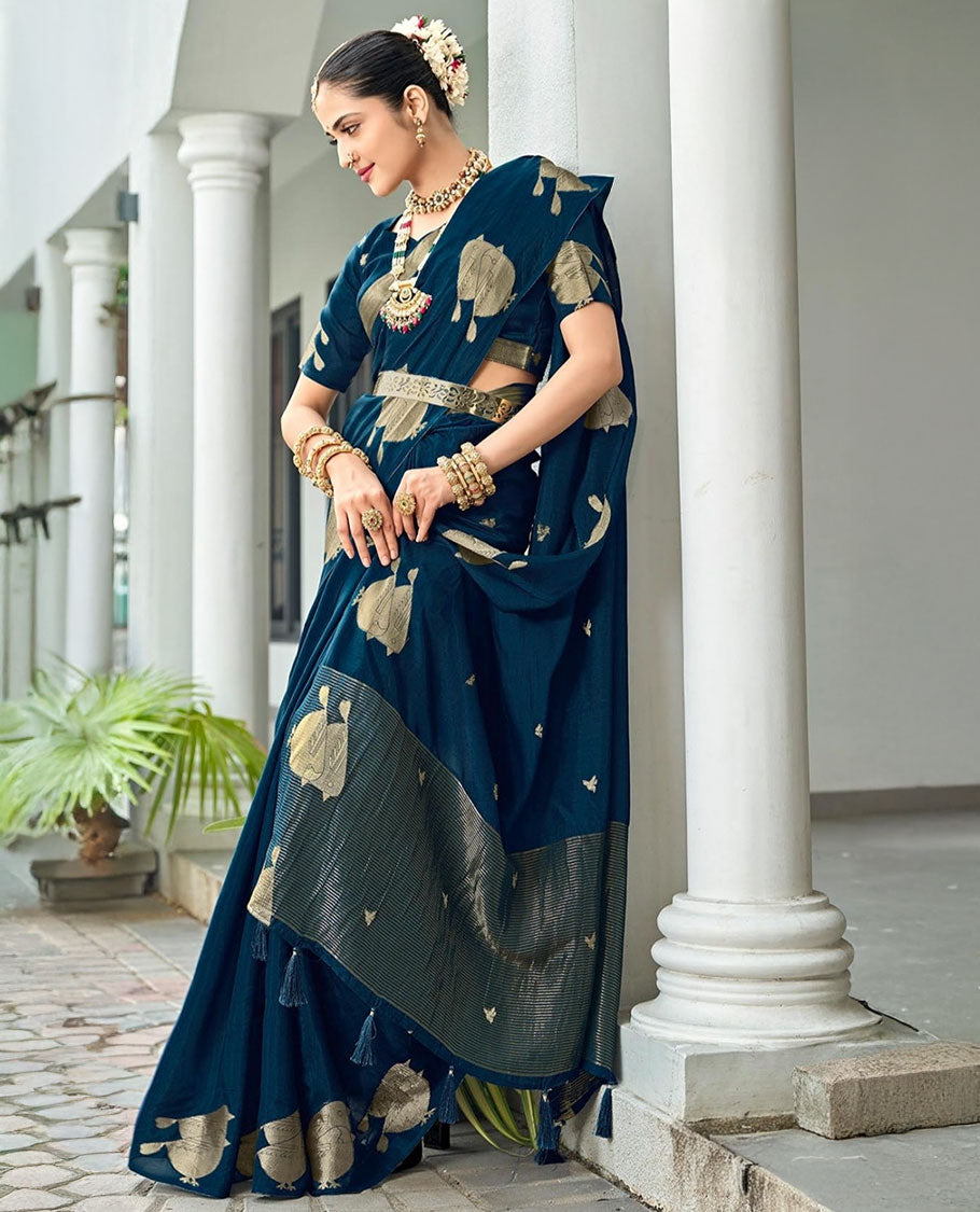 Blue Designer Saree, Prettified with Zari Buttas, Featuring a Self-Border Depicting Sparrow Motifs, Subtly Woven Pallu of Spare Stripes, and Paired with a Matching Blouse of Sparrow Motifs