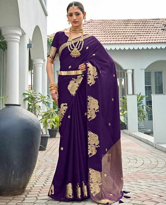 Violet Designer Saree Highlighted with Zari Buttas, Featuring a Self-Border Depicting a Herd of Elephants, Subtly Woven Pallu of Spare Stripes, and Paired with a Matching Blouse of Elephant Motifs