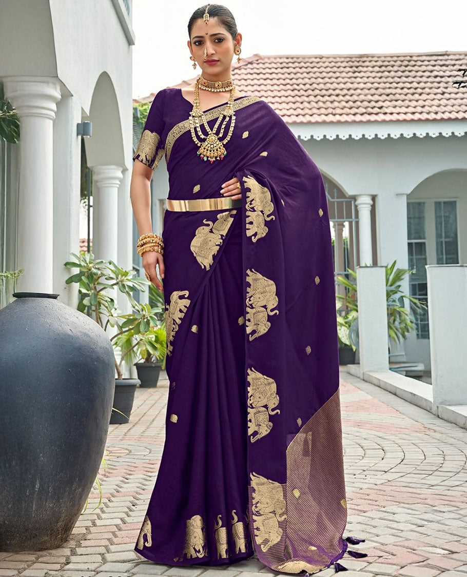 Violet Designer Saree Highlighted with Zari Buttas, Featuring a Self-Border Depicting a Herd of Elephants, Subtly Woven Pallu of Spare Stripes, and Paired with a Matching Blouse of Elephant Motifs