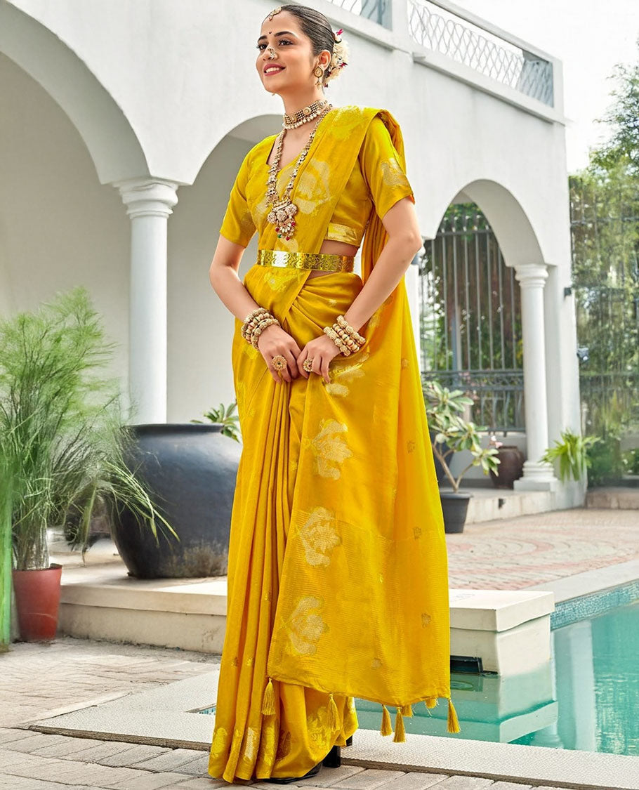 Yellow Designer Saree Detailed with Zari Buttas, Featuring a Self-Border Depicting Parrot Motifs, Subtly Woven Pallu of Spare Stripes, and Paired with a Matching Blouse of Parrot Motifs