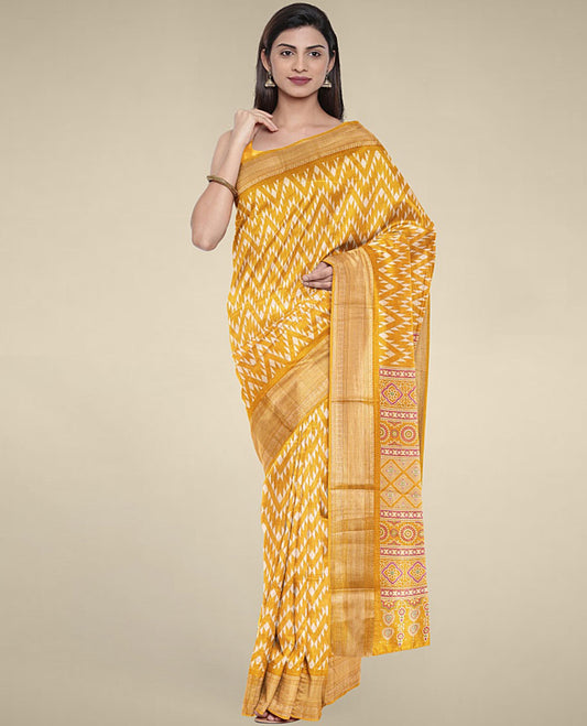 Yellow printed Semi banaras dola with chevron designs, self-border of traditional designs & geometric patterned pallu