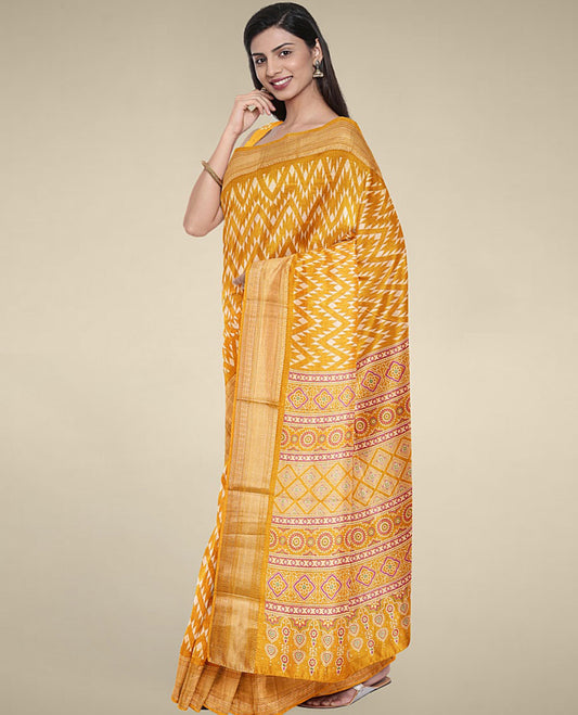 Yellow printed Semi banaras dola with chevron designs, self-border of traditional designs & geometric patterned pallu