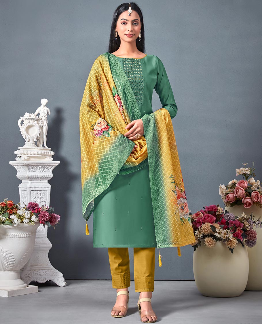 Green chudidhar material set, sequins embroidered chanderi top, contrast solid bottom & checked & floral printed dupatta