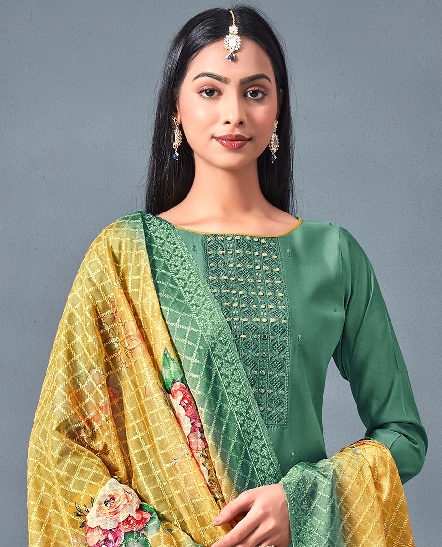 Green chudidhar material set, sequins embroidered chanderi top, contrast solid bottom & checked & floral printed dupatta