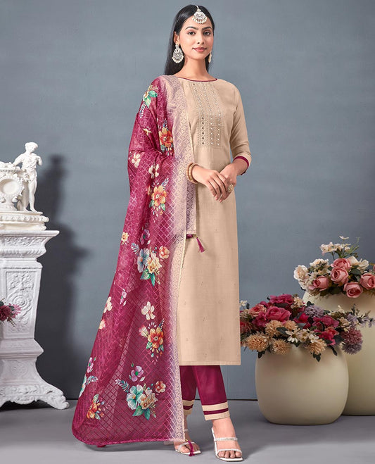 Sandal chudidhar material,embroidery chanderi top,contrast bottom & embroidered checked design & floral print dupatta