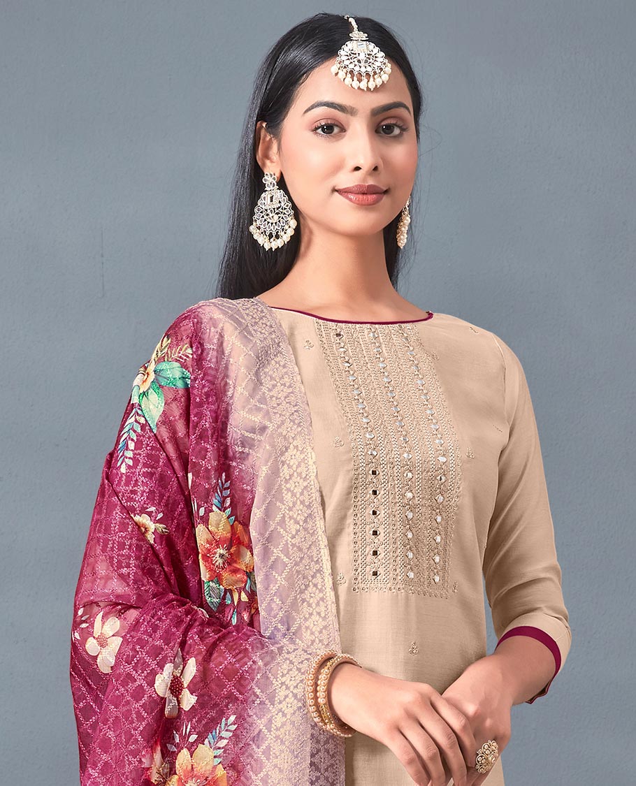 Sandal chudidhar material,embroidery chanderi top,contrast bottom & embroidered checked design & floral print dupatta