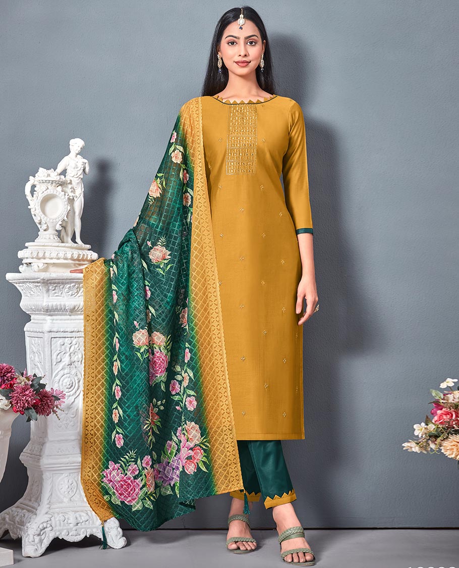 Yellow chudidhar material,embroidered chanderi top,contrast bottom & embroidered checked design & floral print dupatta