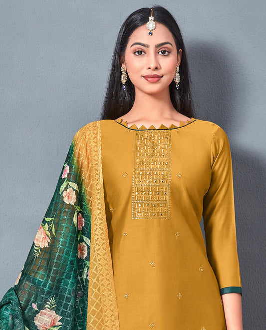 Yellow chudidhar material,embroidered chanderi top,contrast bottom & embroidered checked design & floral print dupatta