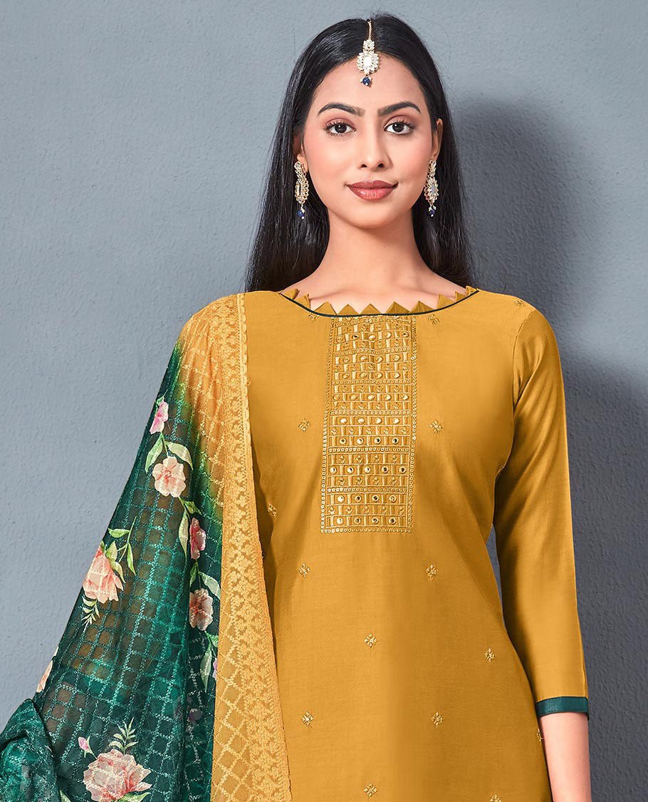 Yellow chudidhar material,embroidered chanderi top,contrast bottom & embroidered checked design & floral print dupatta