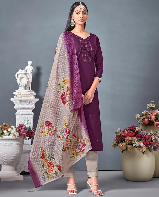 Violet chudidhar material,embroidered chanderi top,contrast bottom & embroidered checked design & floral print dupatta