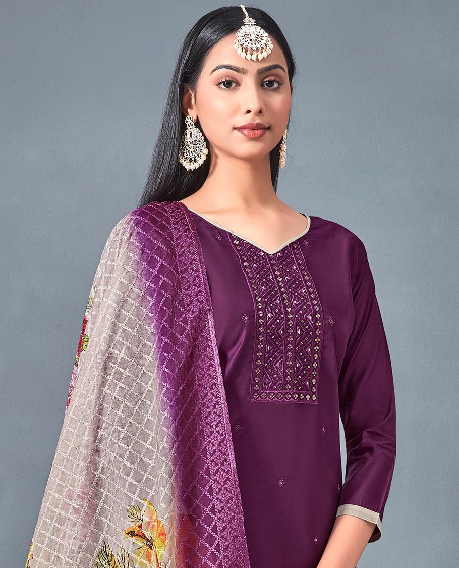 Violet chudidhar material,embroidered chanderi top,contrast bottom & embroidered checked design & floral print dupatta