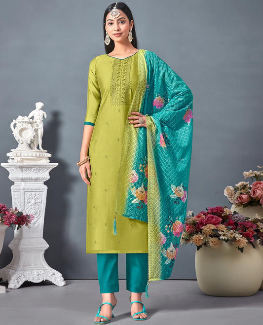 Green chudidhar material,embroidered chanderi top,contrast bottom & embroidered checked design & floral print dupatta