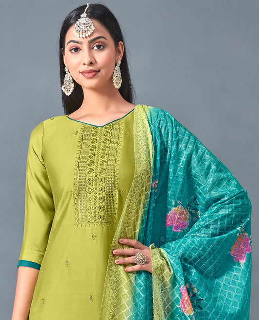 Green chudidhar material,embroidered chanderi top,contrast bottom & embroidered checked design & floral print dupatta