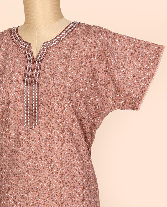 Pastel brown floral vine micro-printed & neck embroidery round neck cotton half-sleeve nighty