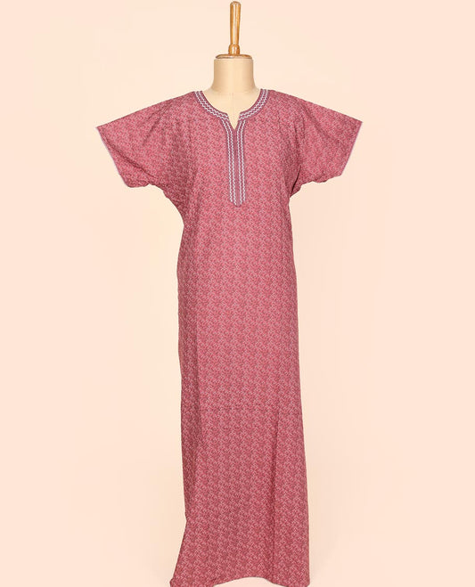 Rosewood pink floral vine micro-printed & neck embroidery round neck cotton half-sleeve nighty